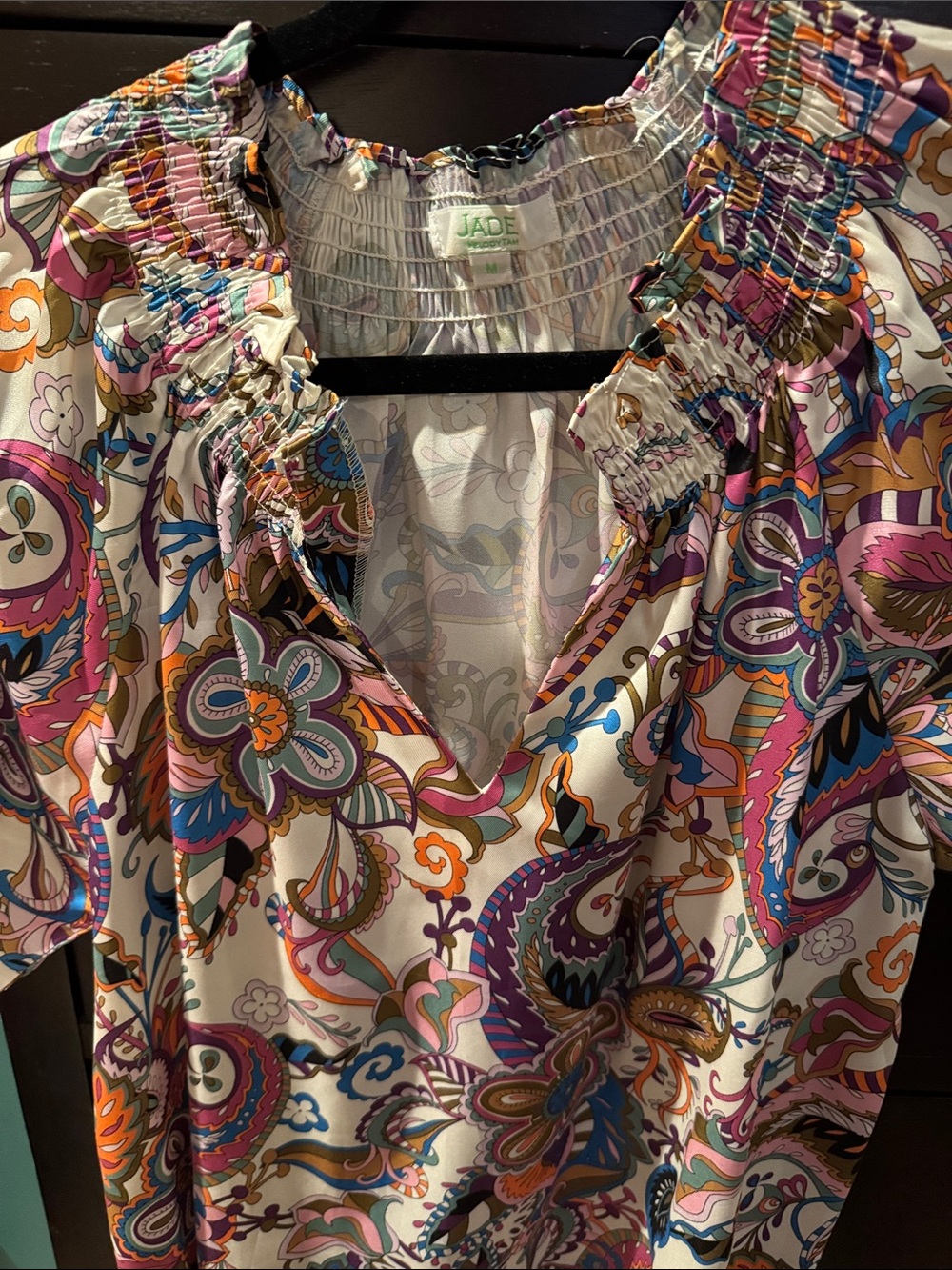 JADE Multicolor Paisley Smocked-Neck Blouse in Pink, Purple & Blue